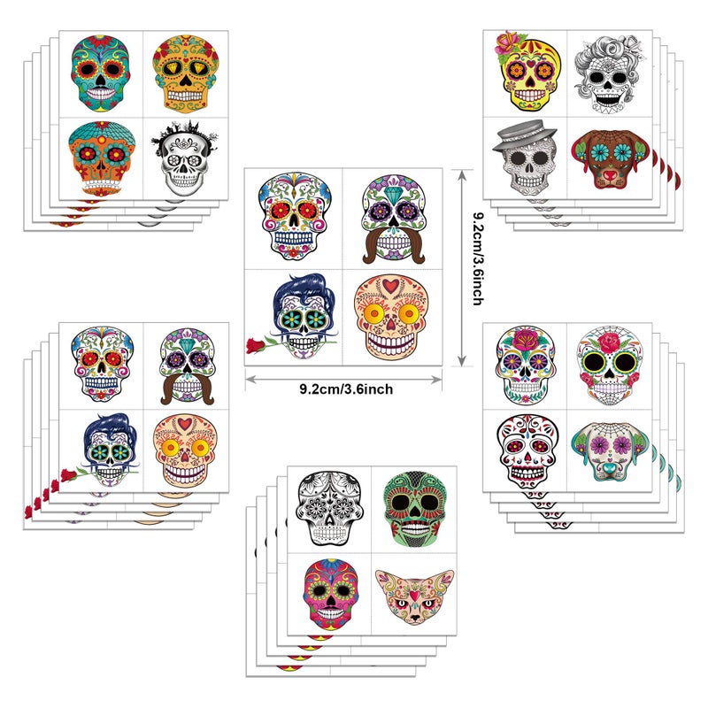 Konsait Day of the Dead Sugar Skull Tattoos(100Counts),Konsait Halloween Temporary Face Tattoos Sugar Skull Puppy Black Skeleton Web Red Roses Tattoo for kids Boys Girls Mexican Halloween Party Favor Supplies - Image 2